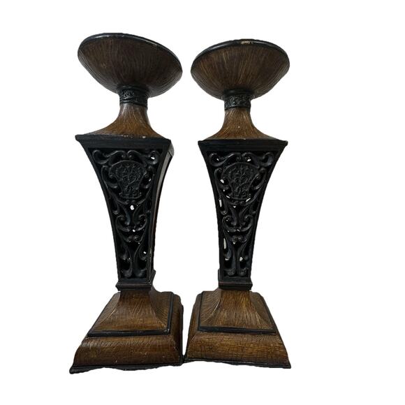 Set 2 Rustic Resin Dark Wood Pattern Pillar Candle Holders 11 Inch Ornate Metal - Picture 3 of 14